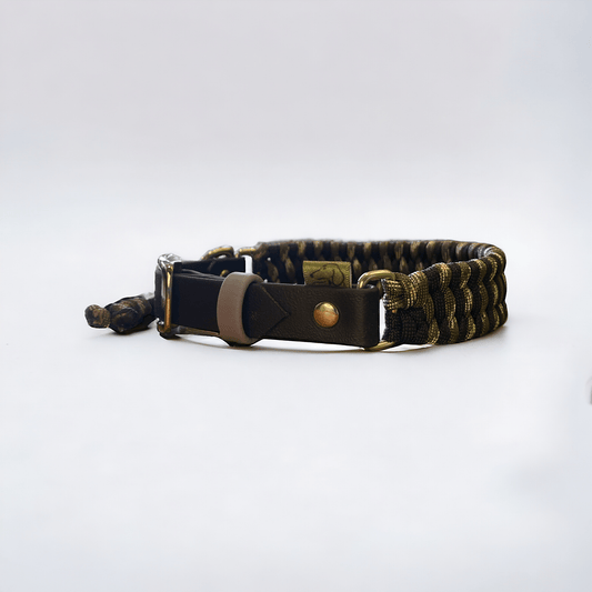 Adjustable cord dog collar in black and camo cords with a black BioThane adjustable strap from the Black Camo set.