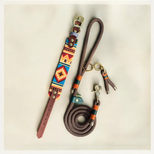 An image of the Nala Tribe Dog Collar and Matching Greenwich Yarn Rope Lead and Keychain
