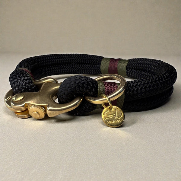 The Midnight edition of the greenwich yarn rope dog collar with brass sailing shackle clasp, olive drab and maroon binding for detail