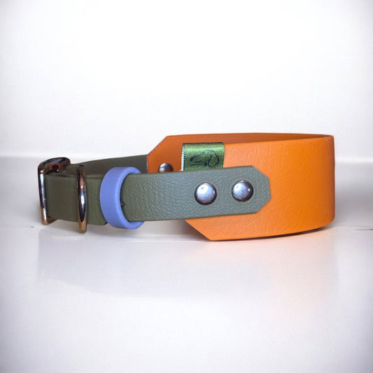 Customisable Cotswold Rambler BioThane collar in military green and burnt orange, ideal for sighthounds and dogs with long necks.