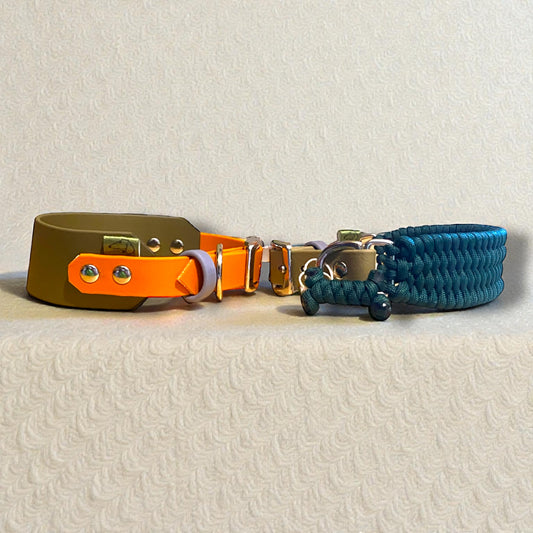 Nala Green sighthound dog collar variations. Alpine green paracord with a beige BioThane strap in the sighthound weave. The military green and burnt orange sighthound BioThane dog collar