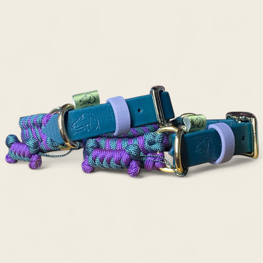 Centre Court adjustable cord dog collars in Fishtail and 3-row weaves, handmade in Alpine Green and Deep Purple with brass hardware for stylish dogs of all sizes.