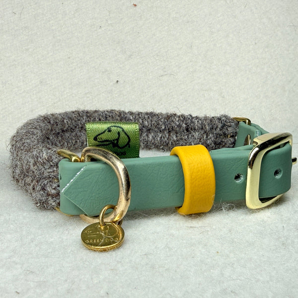 Custom Brampton Mini hybrid dog collar in charcoal British wool on a 16mm BioThane adjustable strap, handmade in Britain for small breeds