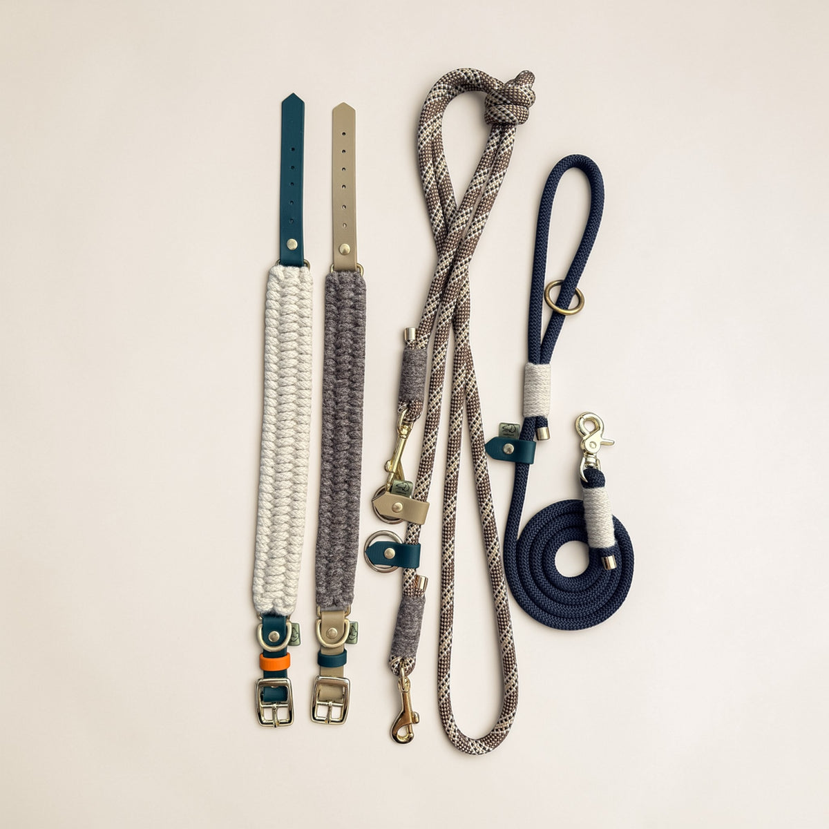 Dingley Hybrid rope lead and collar flat lay — Sheep Shed Hybrid collection by Green Dog, midnight blue rope, hunter green BioThane and Dingley wool, handmade in Oxford