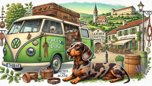 European Road Trip with Boris | Artisan Craftsmanship & Dog Accessories. An illustration of a vintage-style Green Dog camper van on our travels, parked in a picturesque European town with Boris the Blade.