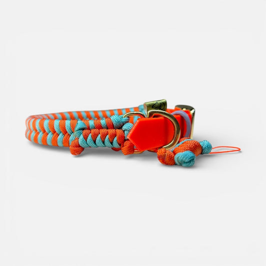 Fishtail weave adjustable paracord dog collar with burnt orange, teal paracord and a neon orange adjustable Biothane strap