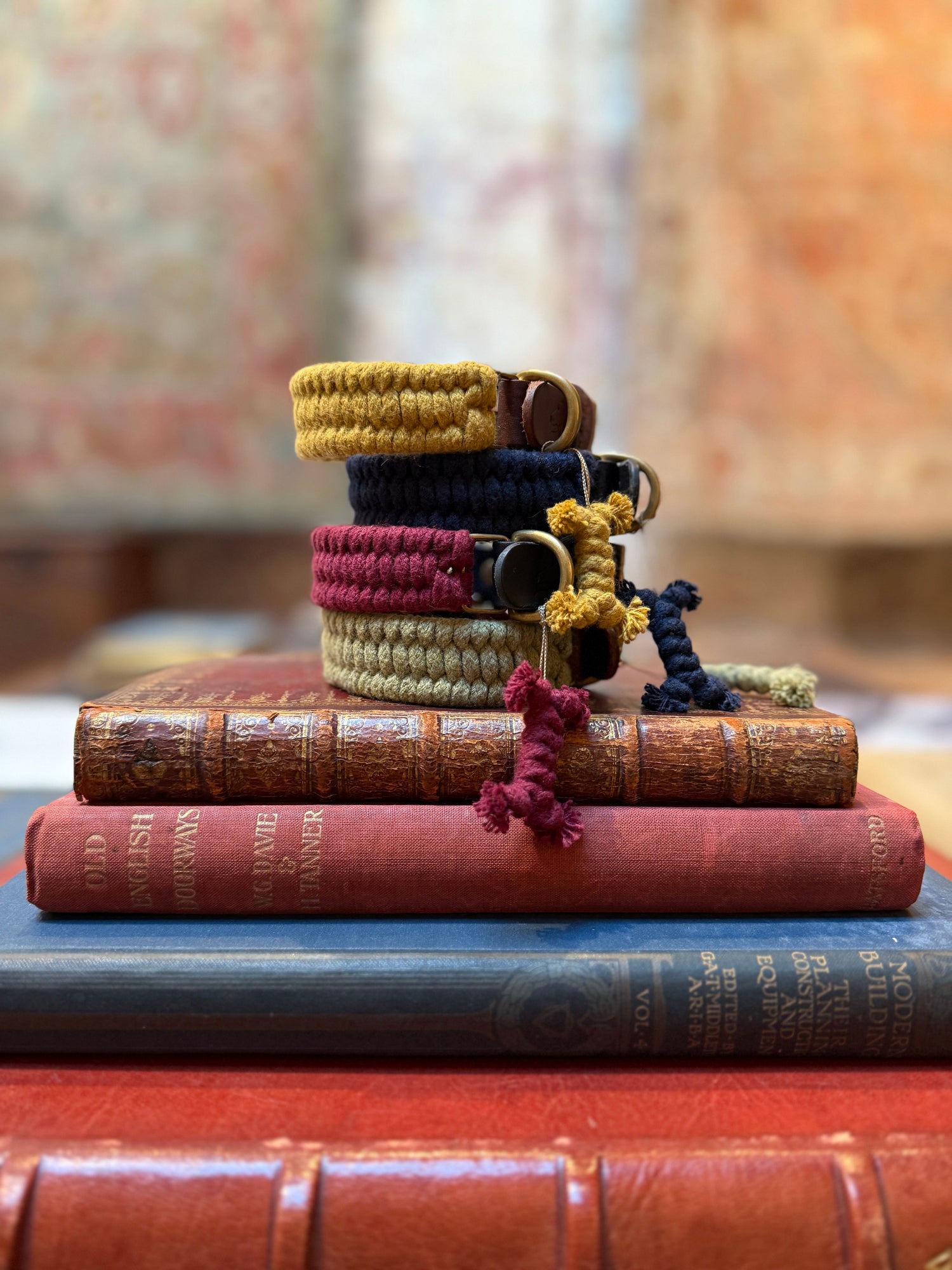 The cotton mill hand woven braided cotton rope dog collars on display in Howe London, Chelsea