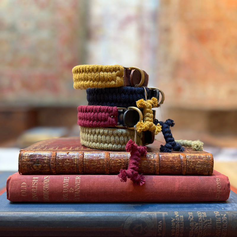 The cotton mill hand woven braided cotton rope dog collars on display in Howe London, Chelsea