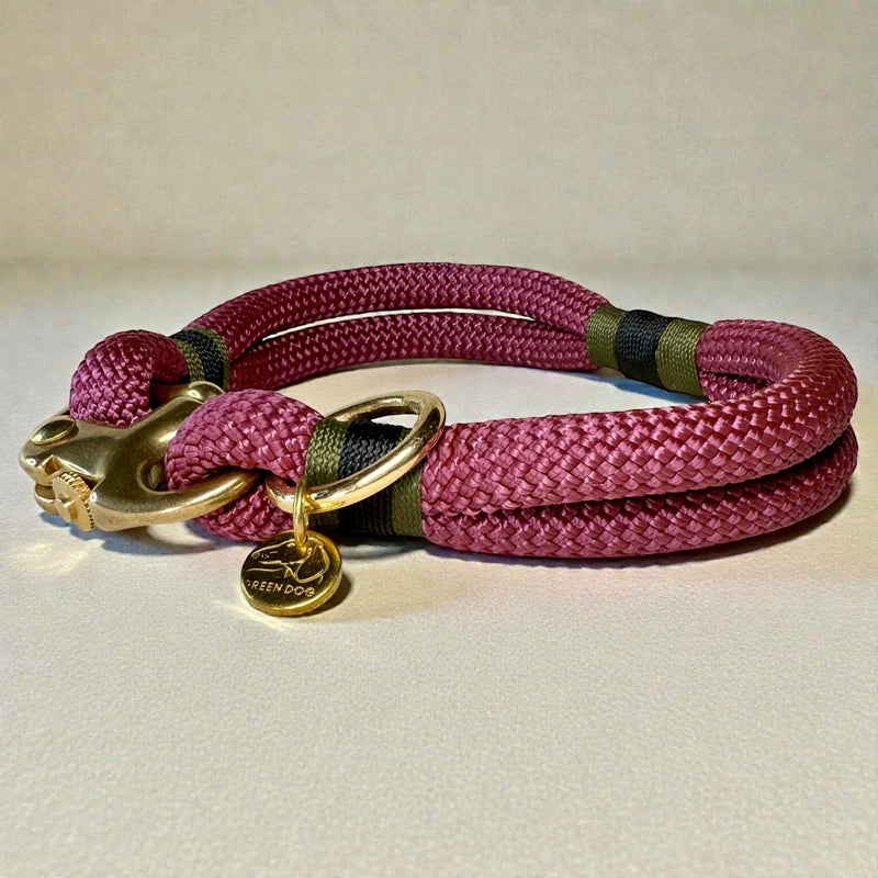 Side view of the Greenwich Yarn Bordeaux rope dog collar, maroon with olive drab and black binding and brass hardware