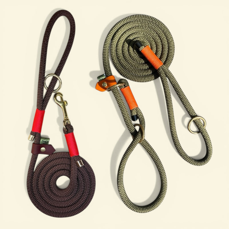 Handmade rope dog leads in 10mm rope with hand-whipped binding and a metal trigger clip, made to order in Oxford