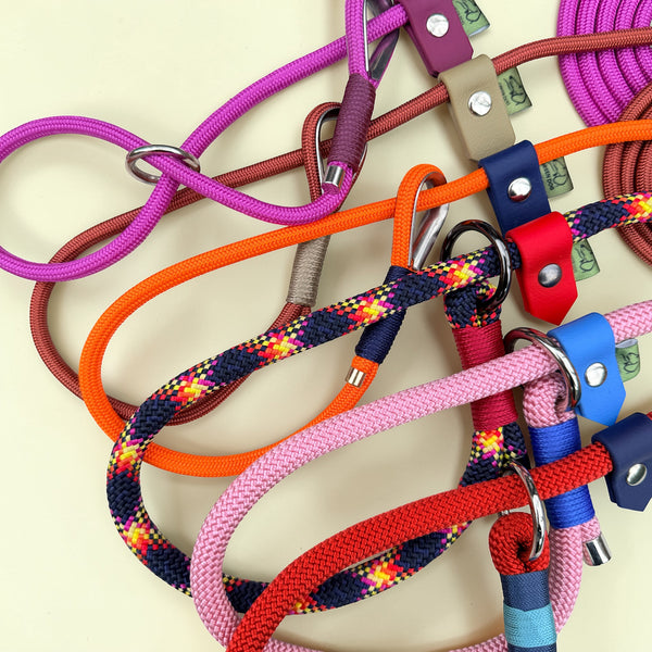 Handcrafted dog slip leads and slip collars in 6mm and 10mm rope, including figure of 8 leads