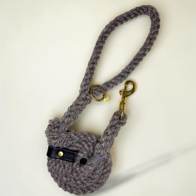 Charcoal British wool rope dog lead with black veg-tanned leather tab and solid brass trigger clip