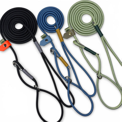 Black figure of 8 slip lead for dogs with a petrol blue variation and a guac rope figure of 8 slip lead designed by customers