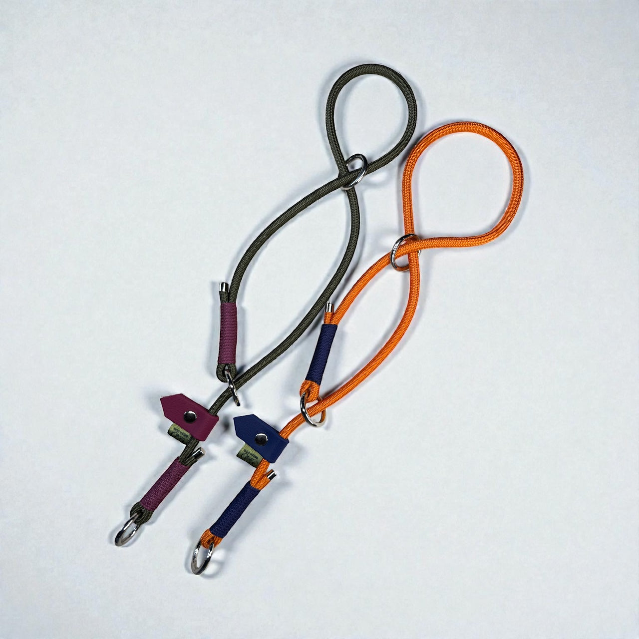 Olive drab and burnt orange 6mm precision figure of 8 slip collars for dogs with maroon and dark blue binding and stoppers