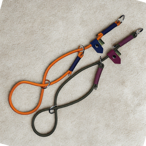 Olive drab and burnt orange 6mm precision figure of 8 slip collars for dogs with maroon and dark blue binding and stoppers