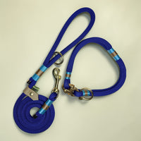 Marina Edition marine blue rope dog collar fastened, showing the solid brass 42mm clasp