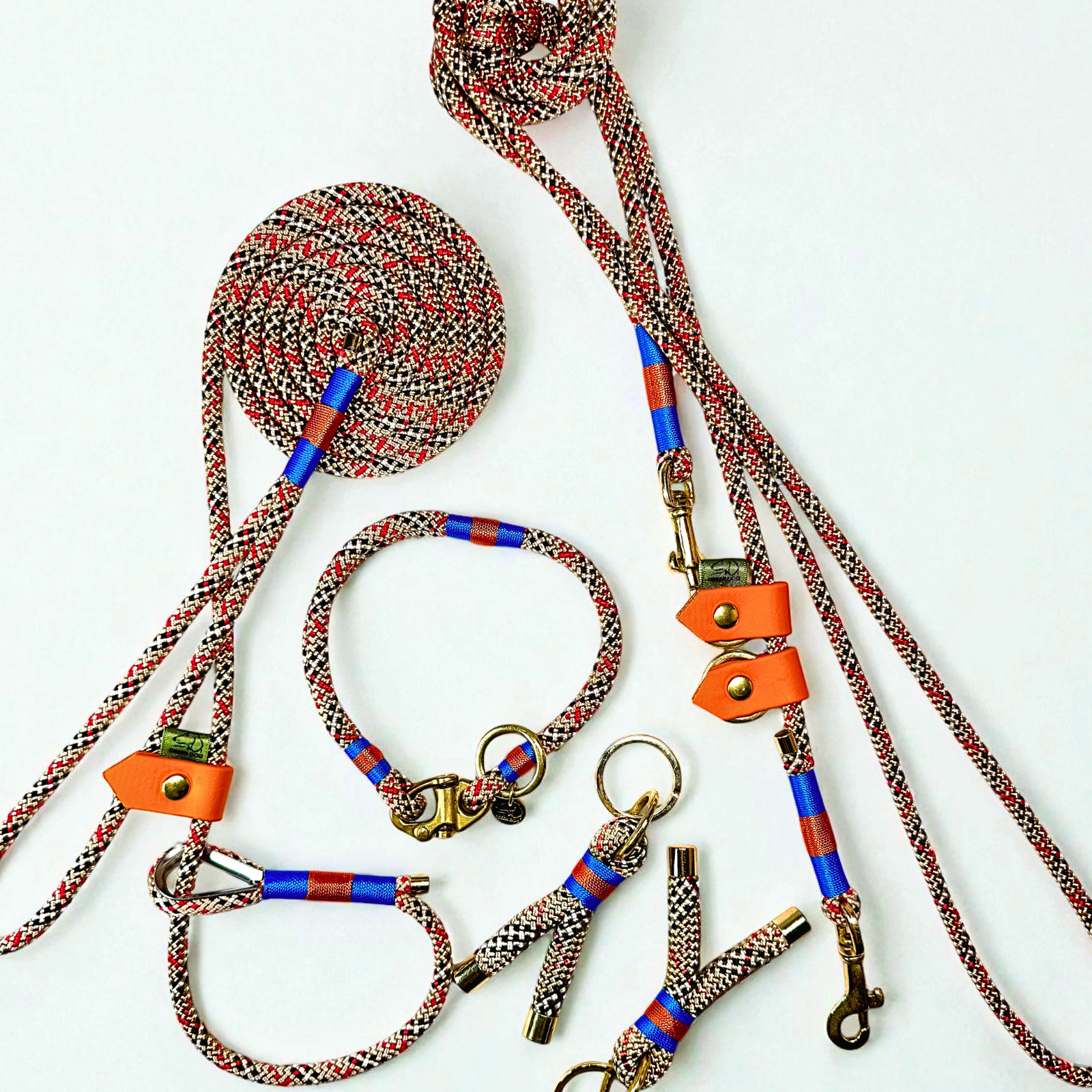 Greenwich Yarn collection including a slip lead, key-rings and hands-free dog lead in 6mm tartan rope