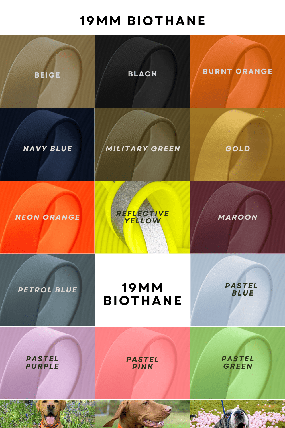 Customisable BioThane colour options for the adjustable 20mm strap of the Cotswold Rambler collar.