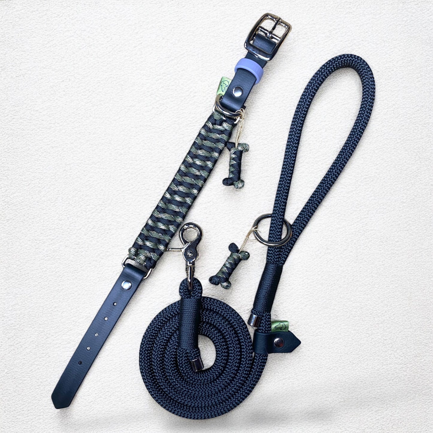 Black Camo personalised dog collar and lead set featuring a 120cm black rope lead and adjustable cord collar with BioThane strap.