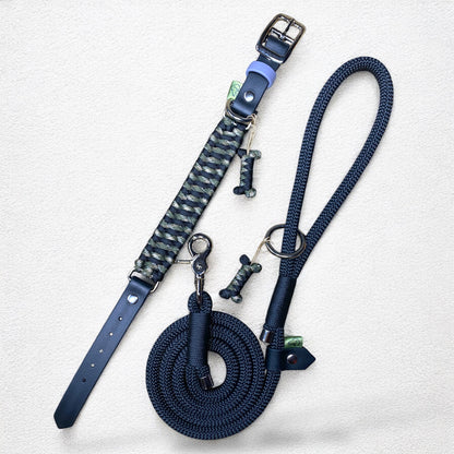 Black Camo personalised dog collar and lead set featuring a 120cm black rope lead and adjustable cord collar with BioThane strap.