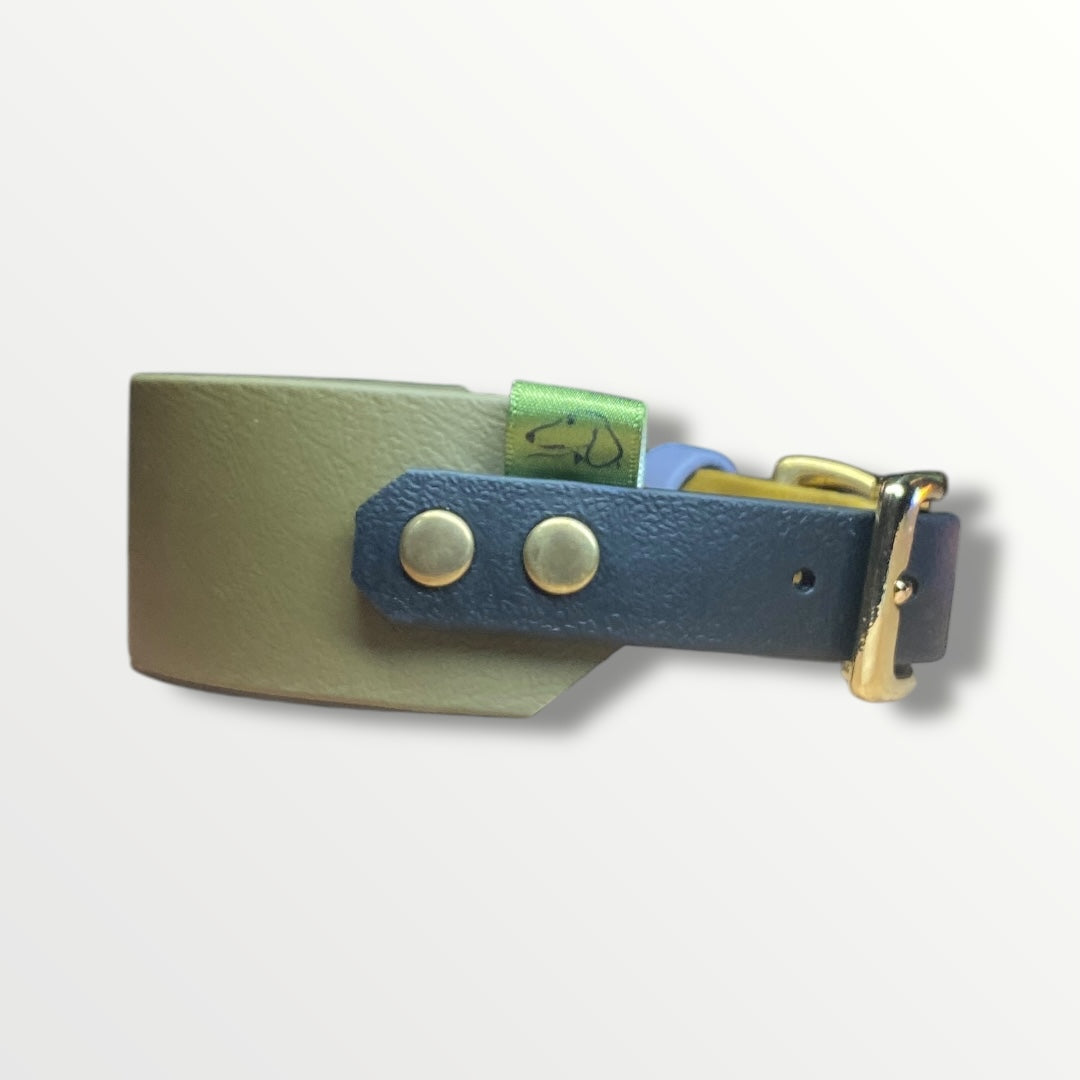 Cotswold Rambler Sighthound Collar in Military Green with black and gold adjustable strap and gold hardware.