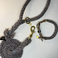brampton wool rope dog lead and dog collar on a light woollen background
