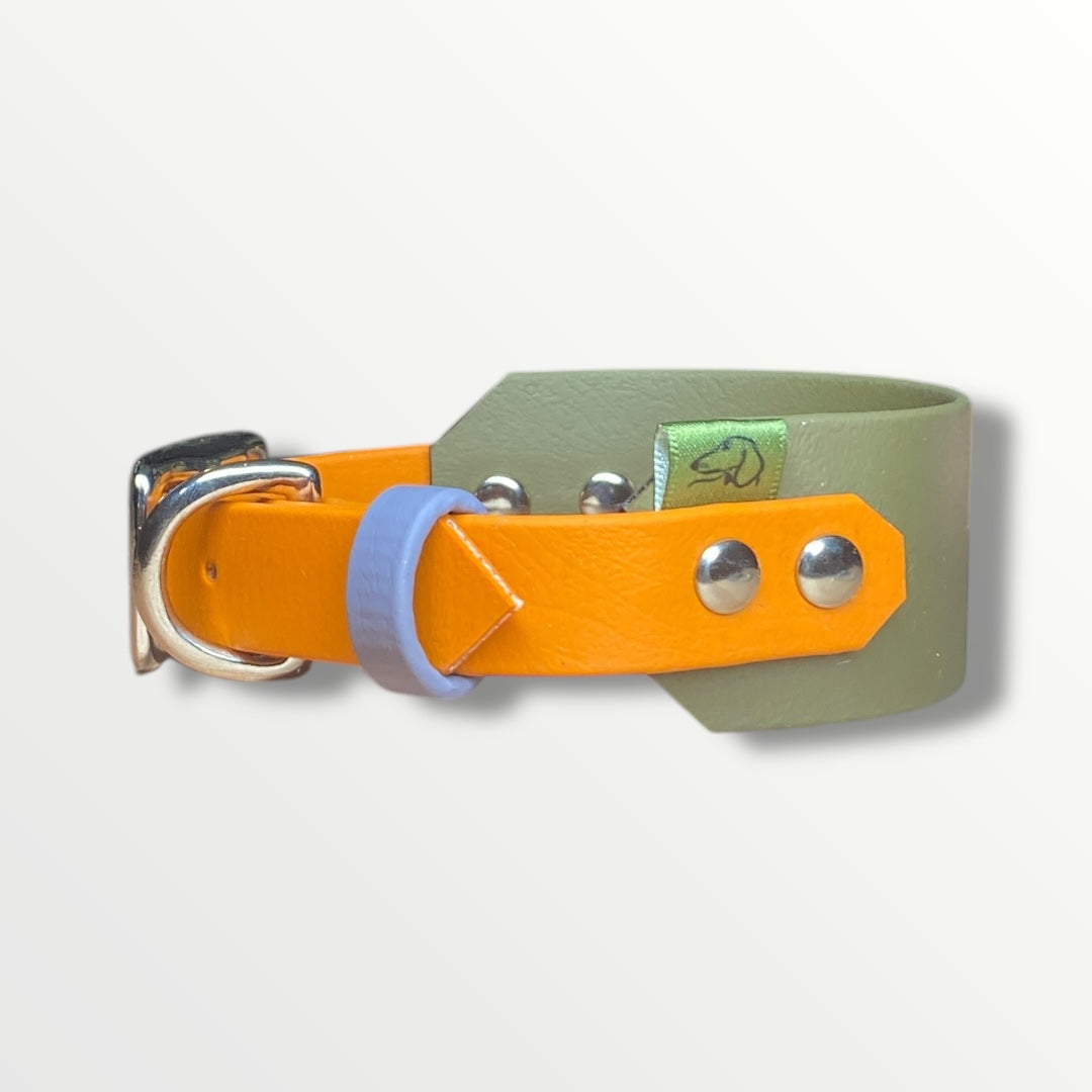 Cotswold Rambler Sighthound Collar in Military Green with Burnt Orange adjustable strap and nickel hardware.