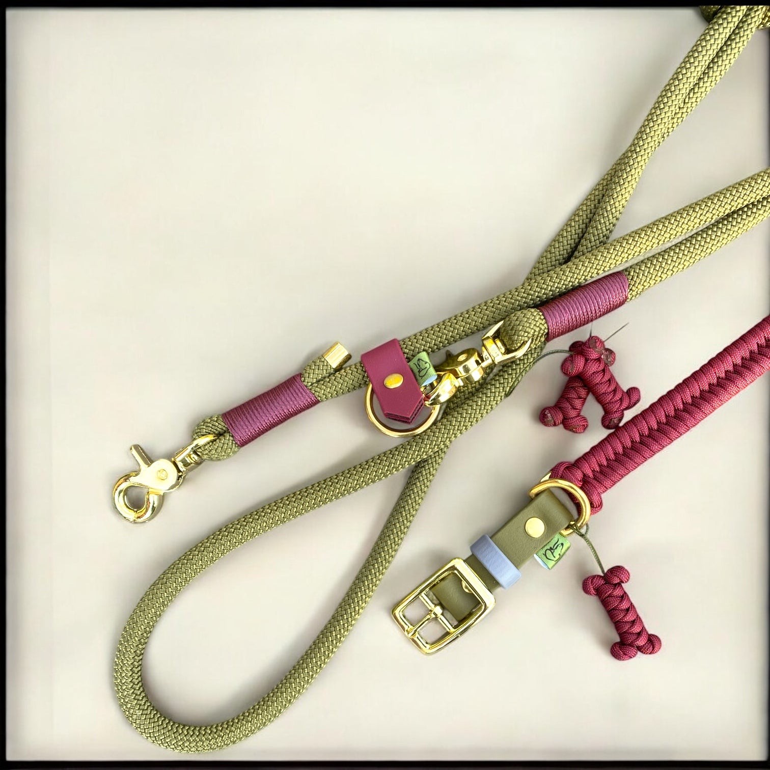 Detailed view of The Primrose hands free dog lead and custom British dog collar, showing maroon binding, military green rope, and brass hardware.