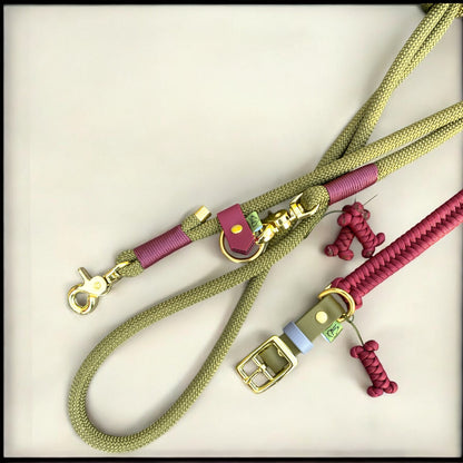 Detailed view of The Primrose hands free dog lead and custom British dog collar, showing maroon binding, military green rope, and brass hardware.