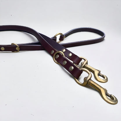 Close-up of Green Dog’s chestnut brown handmade luxury leather hands free dog lead, featuring solid brass hardware and durable cowhide leather.