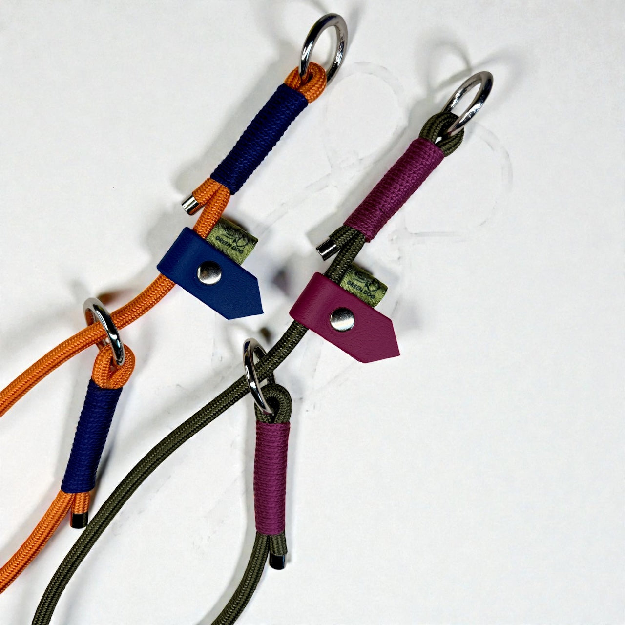 2 slip collars in olive drab and burnt orange 6mm climbing rope with complimentary maroon and dark blue binding and stoppers