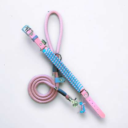Cotton Candy personalised dog collar and lead set featuring a 120cm pink rope lead and adjustable cord collar with pastel pink BioThane strap.