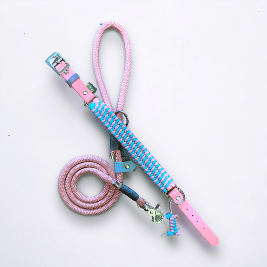 Cotton Candy personalised dog collar and lead set featuring a 120cm pink rope lead and adjustable cord collar with pastel pink BioThane strap.
