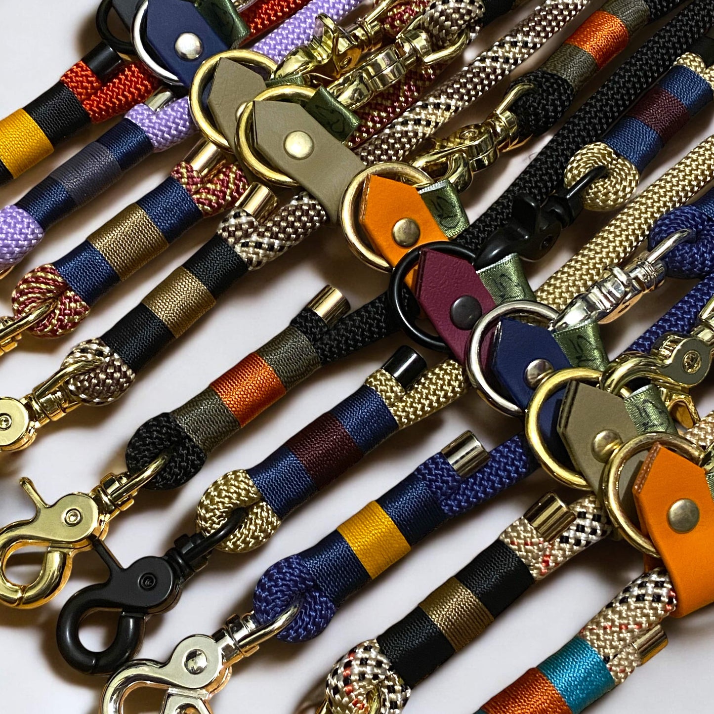 Close-up of custom handsfree dog leads featuring premium materials and nano binding options.