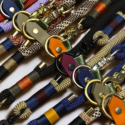 Close up of customisable Greenwich Yarn handsfree dog leads showing rope and binding options