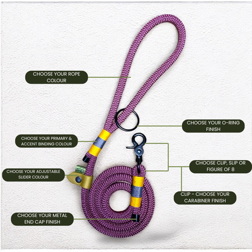 Technical breakdown of the customisation options available for the Greenwich Yarn luxury dog lead.