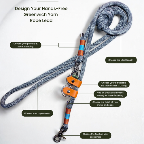 Technical breakdown of the customisable options for the Greenwich Yarn Handsfree Dog Lead.