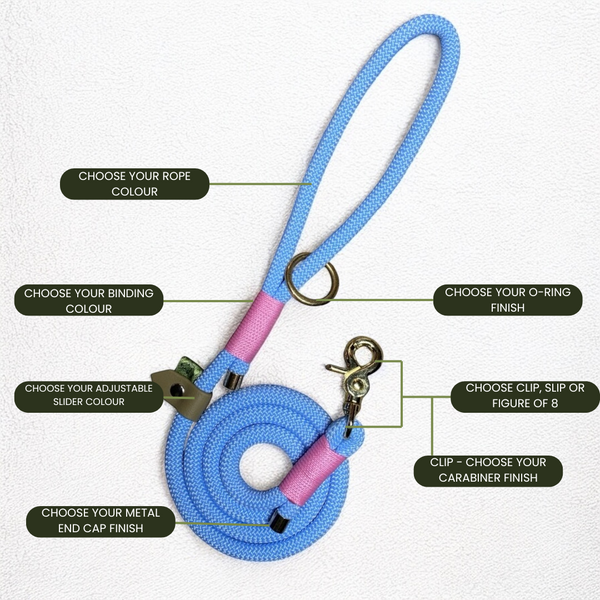 Technical breakdown of the customisable options available for the Rope Lead, including lead type, rope colour, binding colour, and hardware choices.