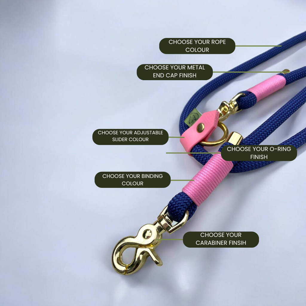 Technical breakdown showing the customisation options for the handsfree adjustable rope dog lead.