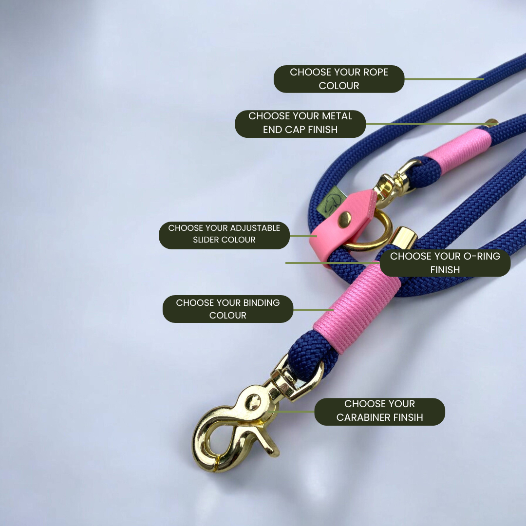 Technical breakdown showing the customisation options for the handsfree adjustable rope dog lead.