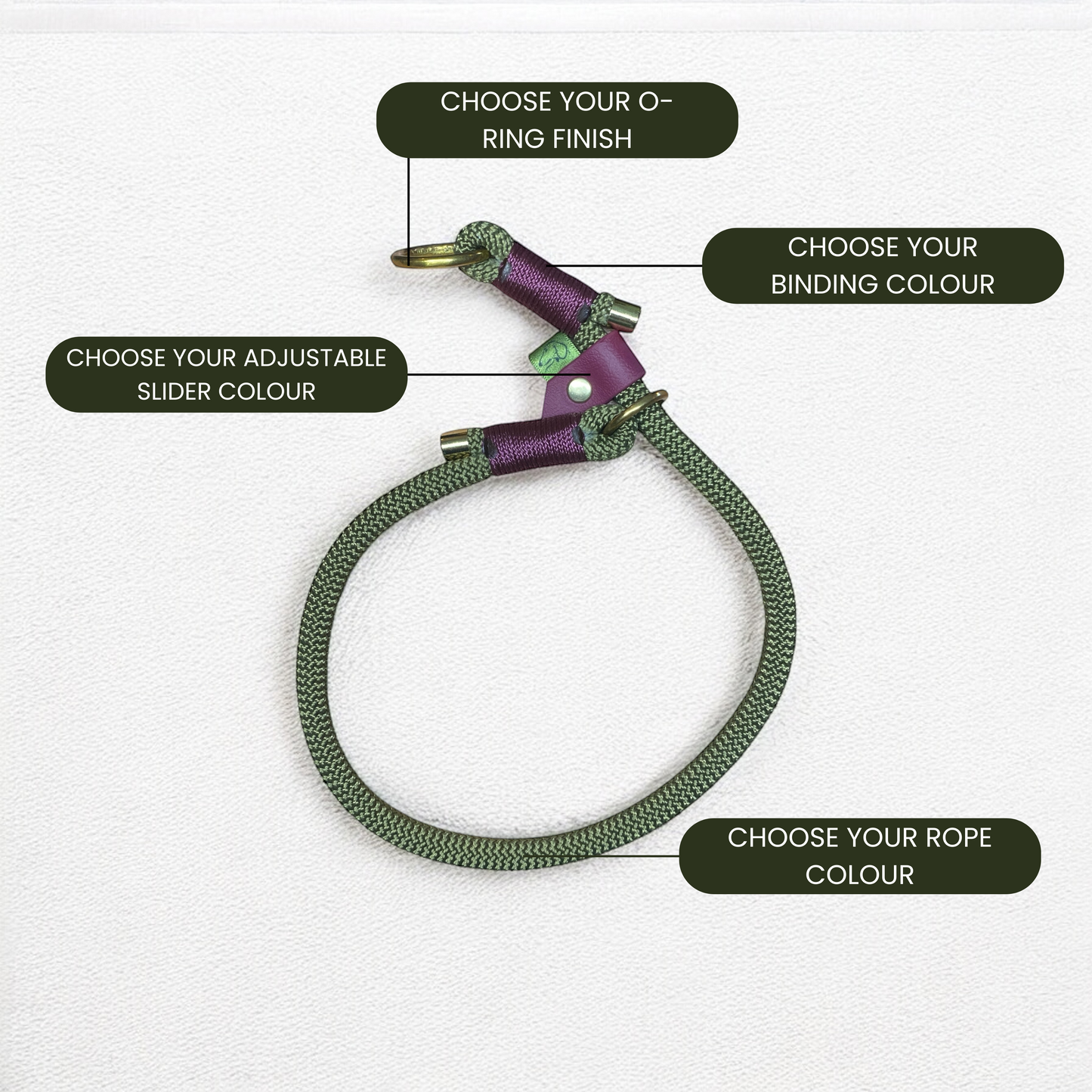 Technical breakdown of the Adjustable Slip Collar, highlighting customisable rope colour, O-ring, end cap and binding options.