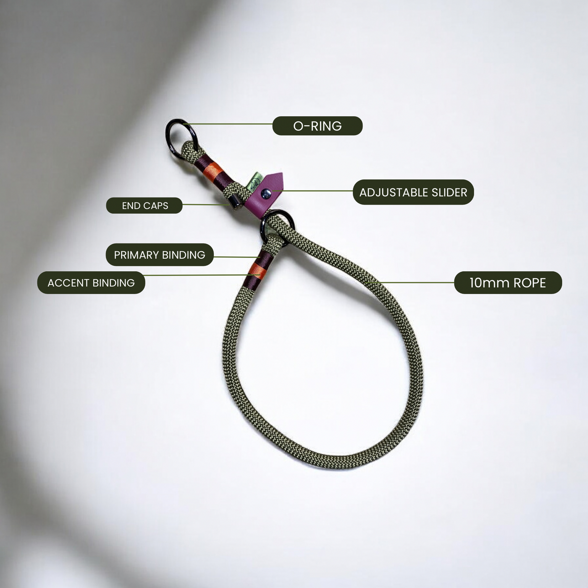 Technical breakdown of the customisable parts of the Greenwich Yarn Slip Collar, highlighting the adjustable slider, rope colour, and metal end caps.