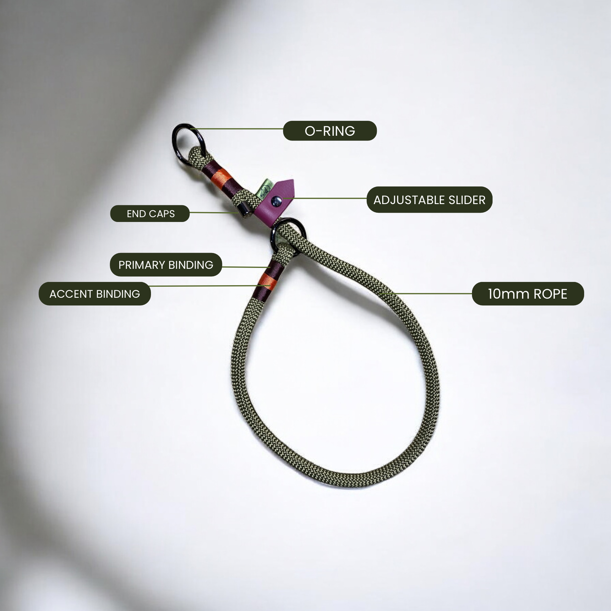 Technical breakdown of the customisable parts of the Greenwich Yarn Slip Collar, highlighting the adjustable slider, rope colour, and metal end caps.