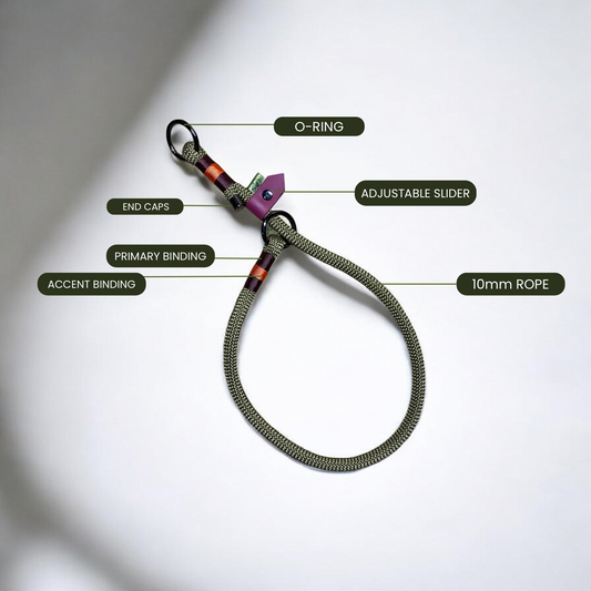 Technical breakdown of the customisable parts of the Greenwich Yarn Slip Collar, highlighting the adjustable slider, rope colour, and metal end caps.