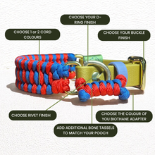 Personalised paracord dog collar infographic showing customisation options including cord colour choices, D-ring finish, buckle finish, rivet finish, BioThane adapter colour, and bone tassel add-ons — handcrafted in Oxfordshire by Green Dog