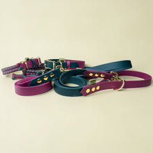 A flatlay collection of handcrafted Green Dog dog collars and leads in hunter green and maroon, featuring two biothane leads, two biothane collars, and two paracord collars with biothane adjustable straps, all finished with brass hardware on a cream background.