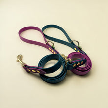 Two handcrafted Green Dog two-tone biothane dog leads in hunter green and maroon, coiled and crossed to display both colourways. Each lead features a looped handle, mid-lead D-ring, gold rivet detailing, and brass snap hook clip, photographed on a cream background.​​​​​​​​​​​​​​​​