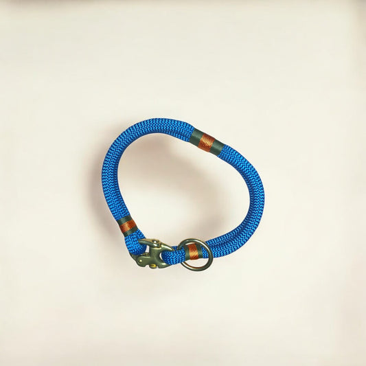 Greenwich Yarn Soho Edition handmade rope dog collar in petrol blue with brass shackle and o-ring, luxury custom dog accessory