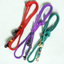 three customised Greenwich Yarn rope leads in various summer colour-ways. Designer dog leads