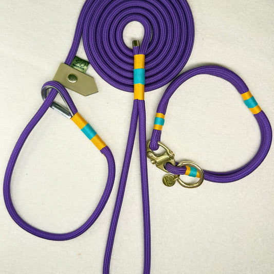 Full view of the matching Greenwich Yarn Mini set in deep purple, 6mm rope dog lead with airforce gold and teal nano binding, plus mini collar with a brass Swedish sailing shackle and small brass o-ring.